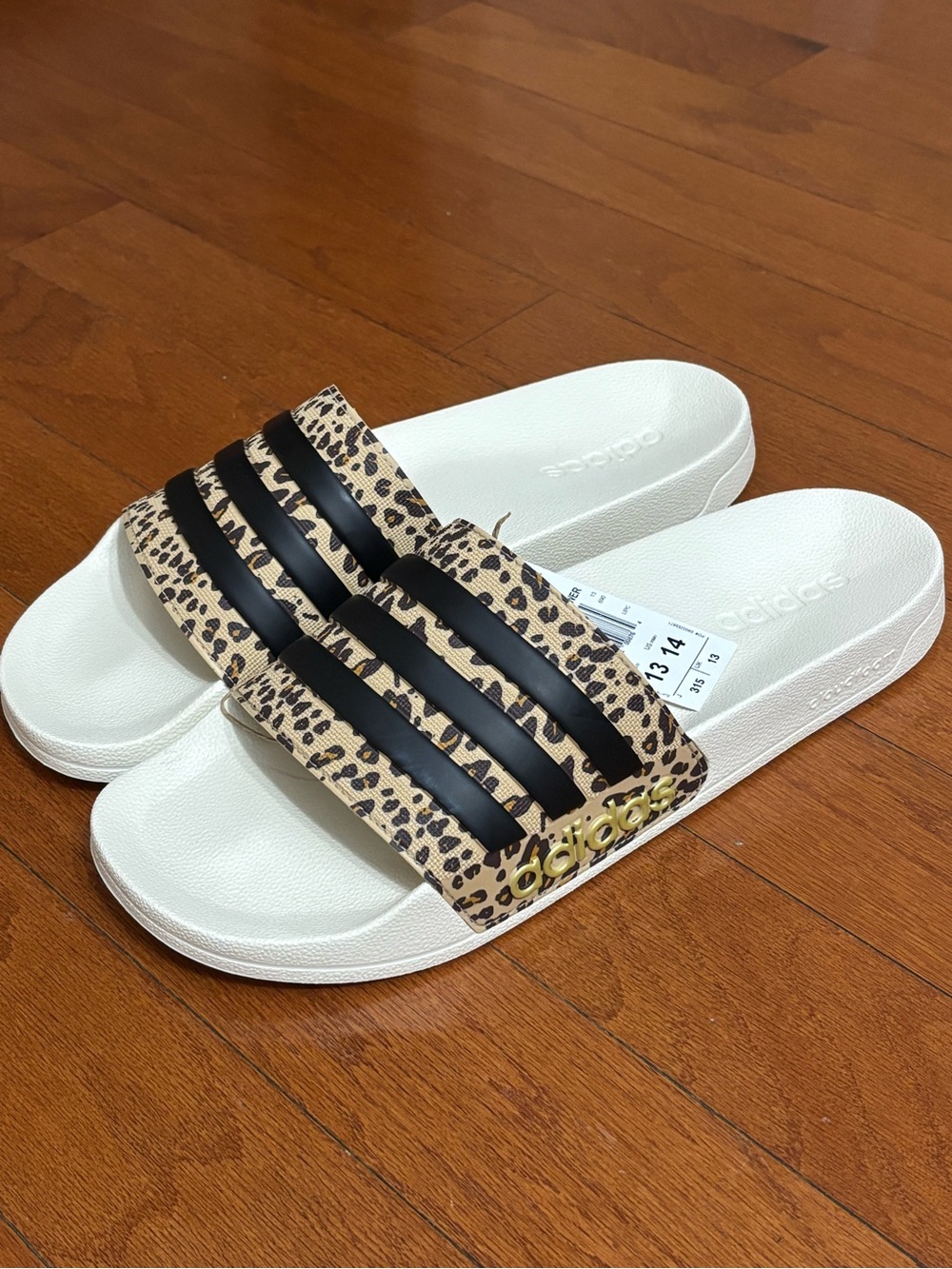 adidas Slide Sandals in Leopard Print and White with Black Stripes